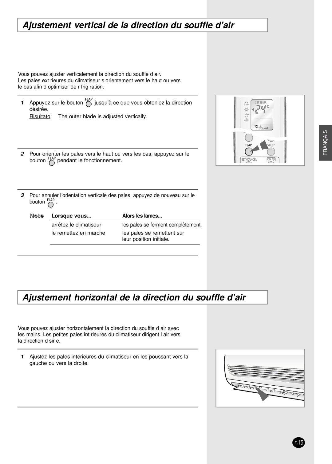 Samsung SC24AW6, SC18AW6 manual Ajustement vertical de la direction du souffle d’air 