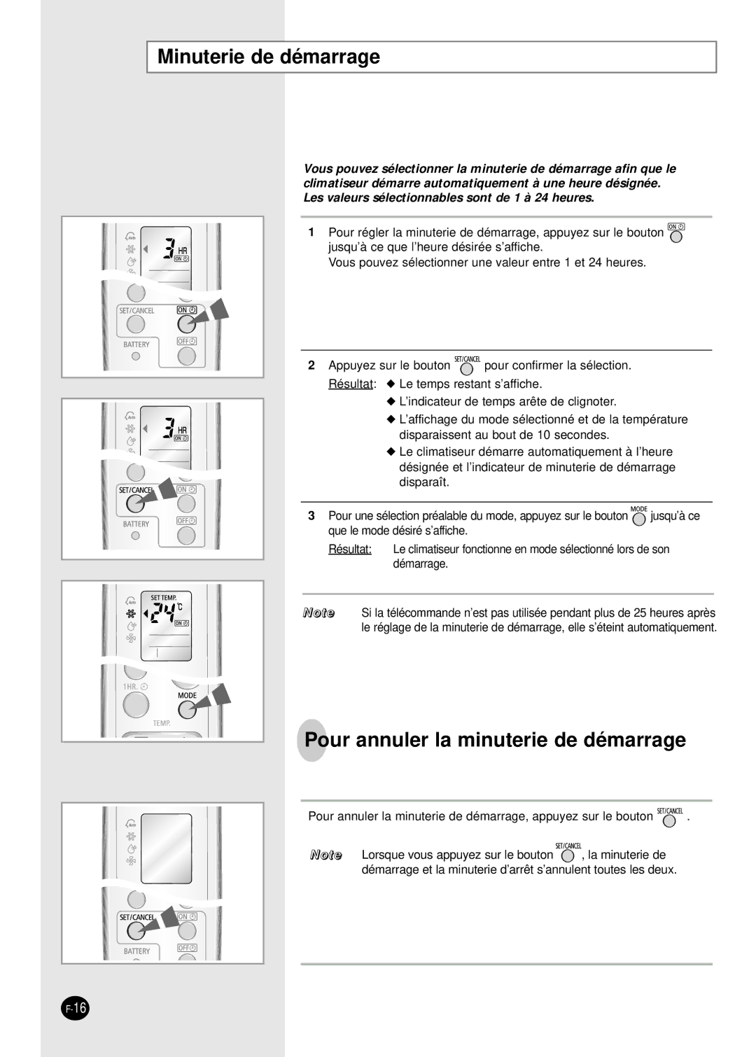 Samsung SC18AW6, SC24AW6 manual Minuterie de démarrage, Pour annuler la minuterie de démarrage 