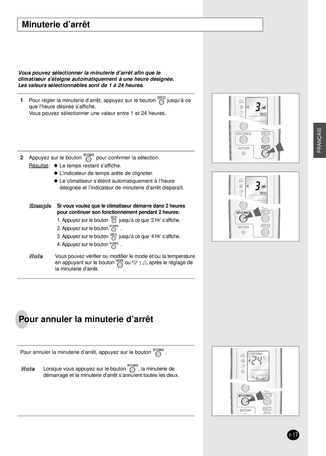 Samsung SC24AW6, SC18AW6 manual Minuterie d’arrêt, Pour annuler la minuterie d’arrêt 