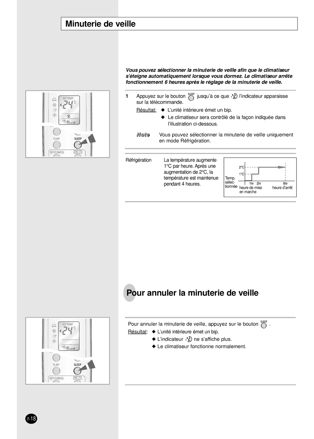 Samsung SC18AW6, SC24AW6 manual Minuterie de veille, Pour annuler la minuterie de veille 