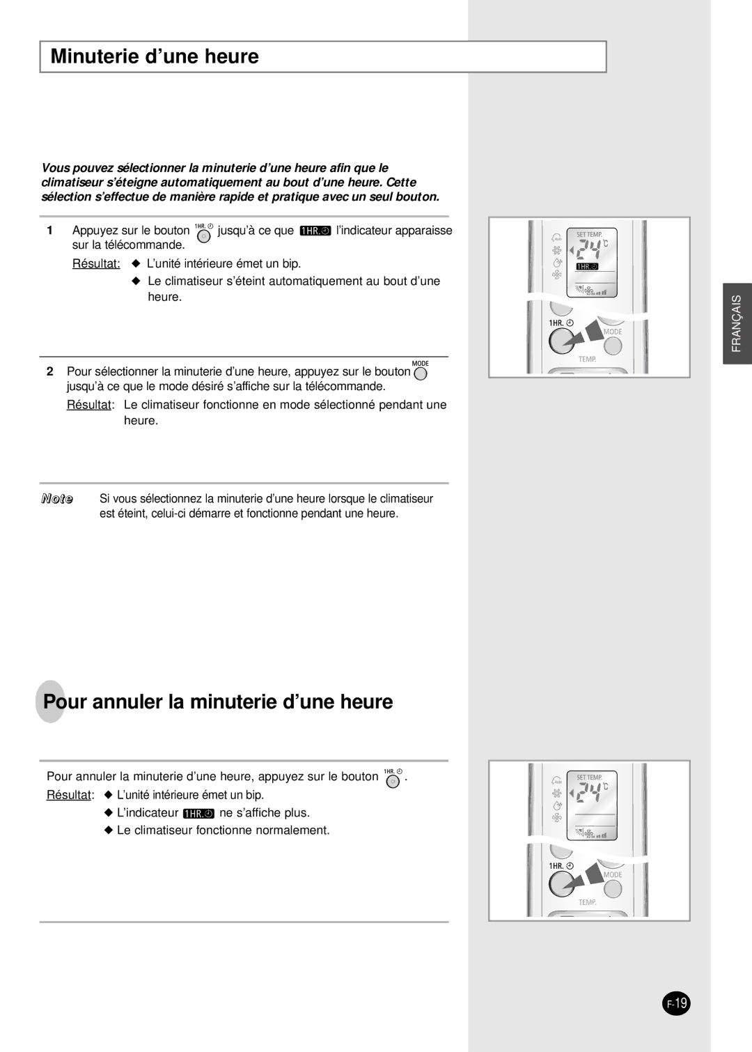 Samsung SC24AW6, SC18AW6 manual Minuterie d’une heure, Pour annuler la minuterie d’une heure 