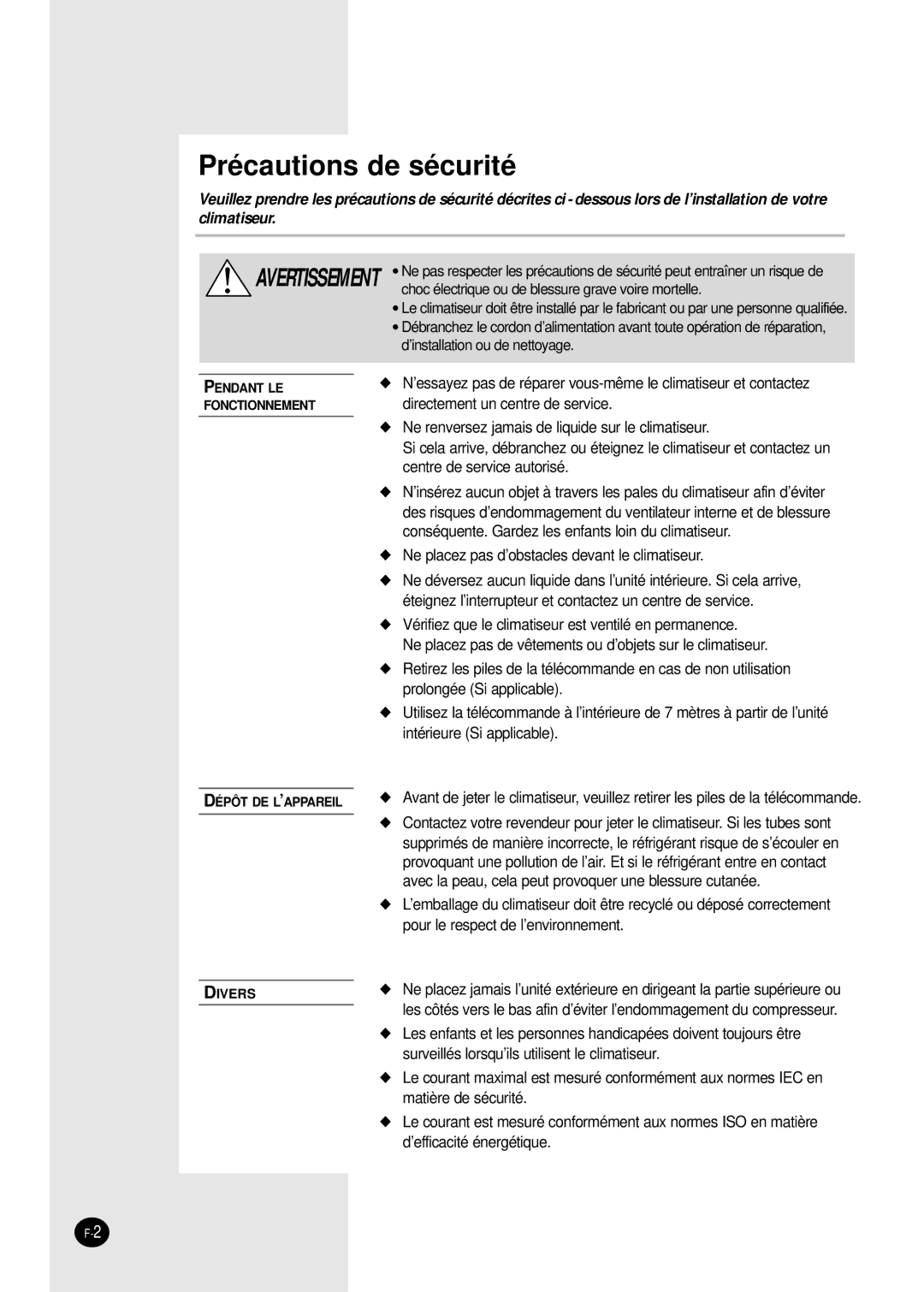 Samsung SC18AW6, SC24AW6 manual Précautions de sécurité 