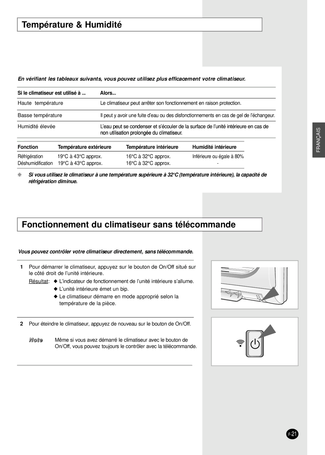 Samsung SC24AW6, SC18AW6 manual Température & Humidité, Fonctionnement du climatiseur sans télécommande 