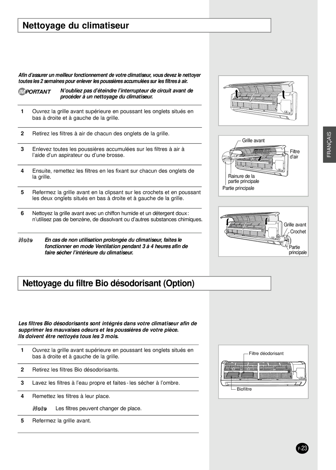 Samsung SC24AW6, SC18AW6 manual Nettoyage du climatiseur, Nettoyage du filtre Bio désodorisant Option 