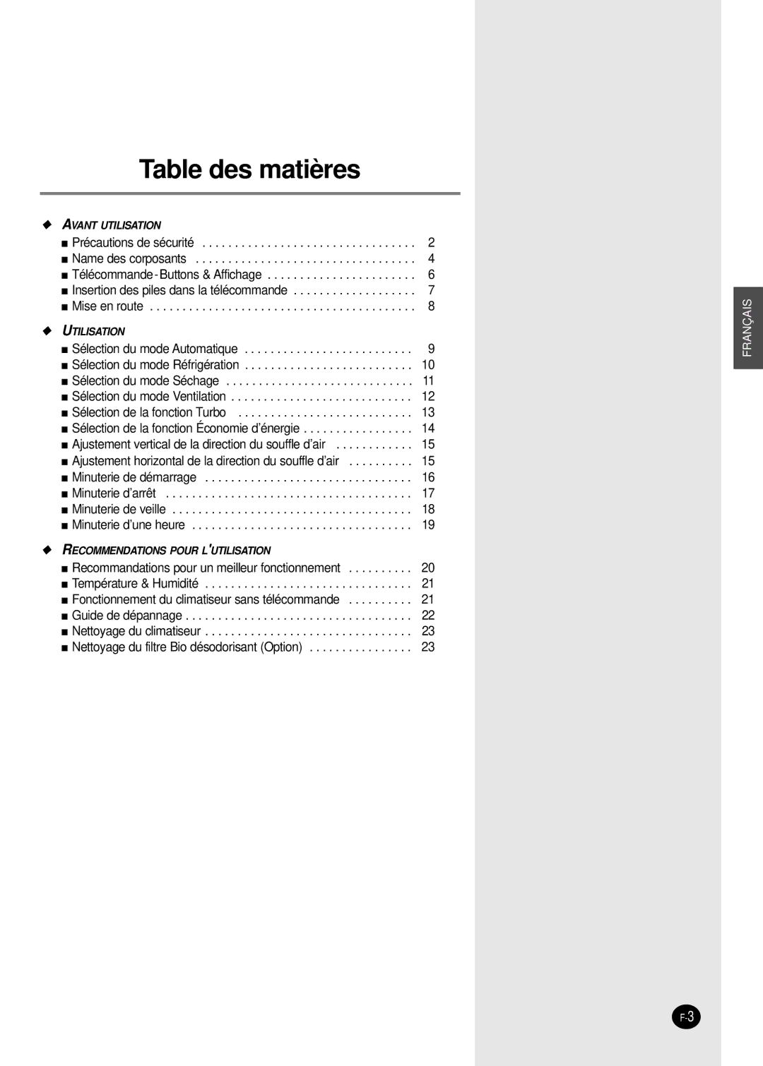 Samsung SC24AW6, SC18AW6 manual Table des matières 