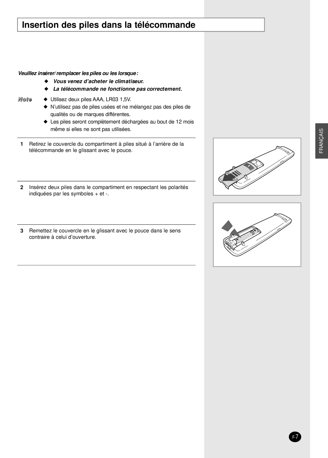 Samsung SC24AW6, SC18AW6 manual Insertion des piles dans la télécommande 