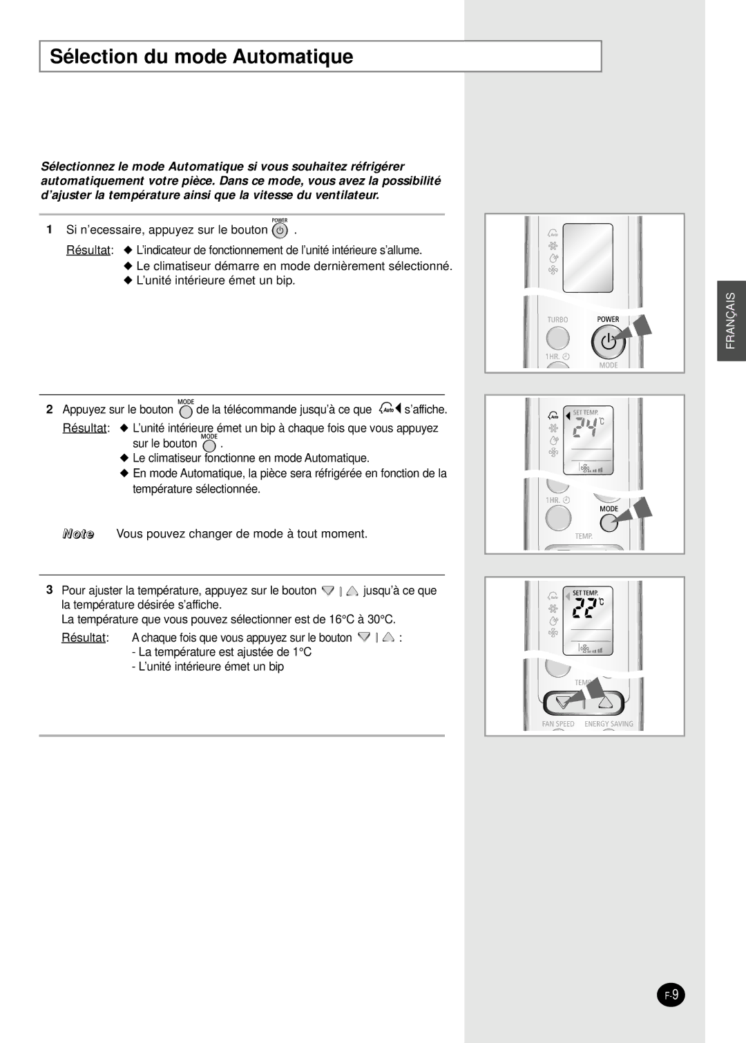 Samsung SC24AW6, SC18AW6 manual Sélection du mode Automatique 