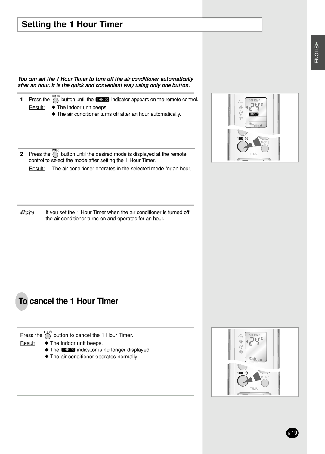 Samsung SC24AW6, SC18AW6 manual Setting the 1 Hour Timer, To cancel the 1 Hour Timer 