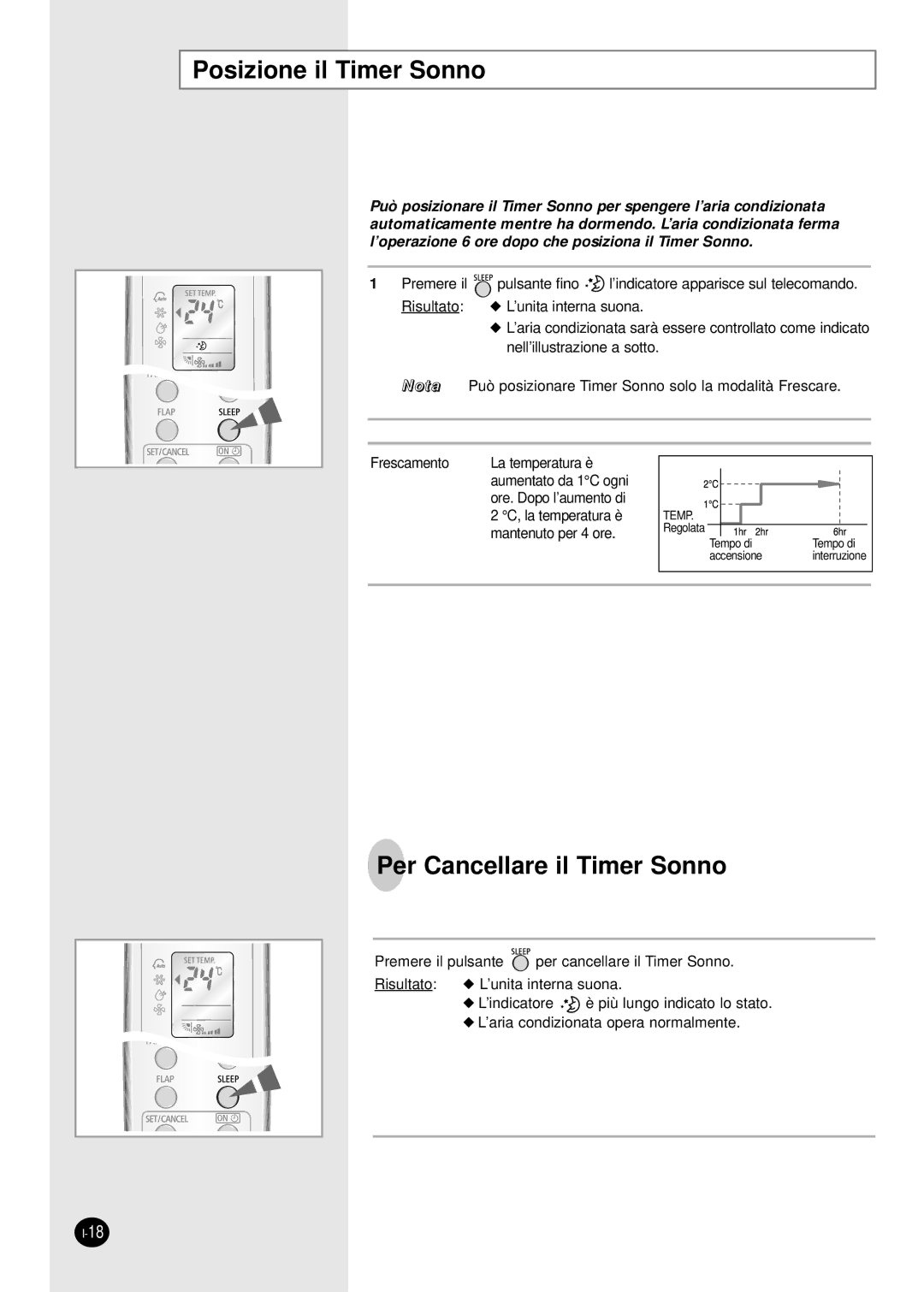 Samsung SC18AW6, SC24AW6 manual Posizione il Timer Sonno, Per Cancellare il Timer Sonno 