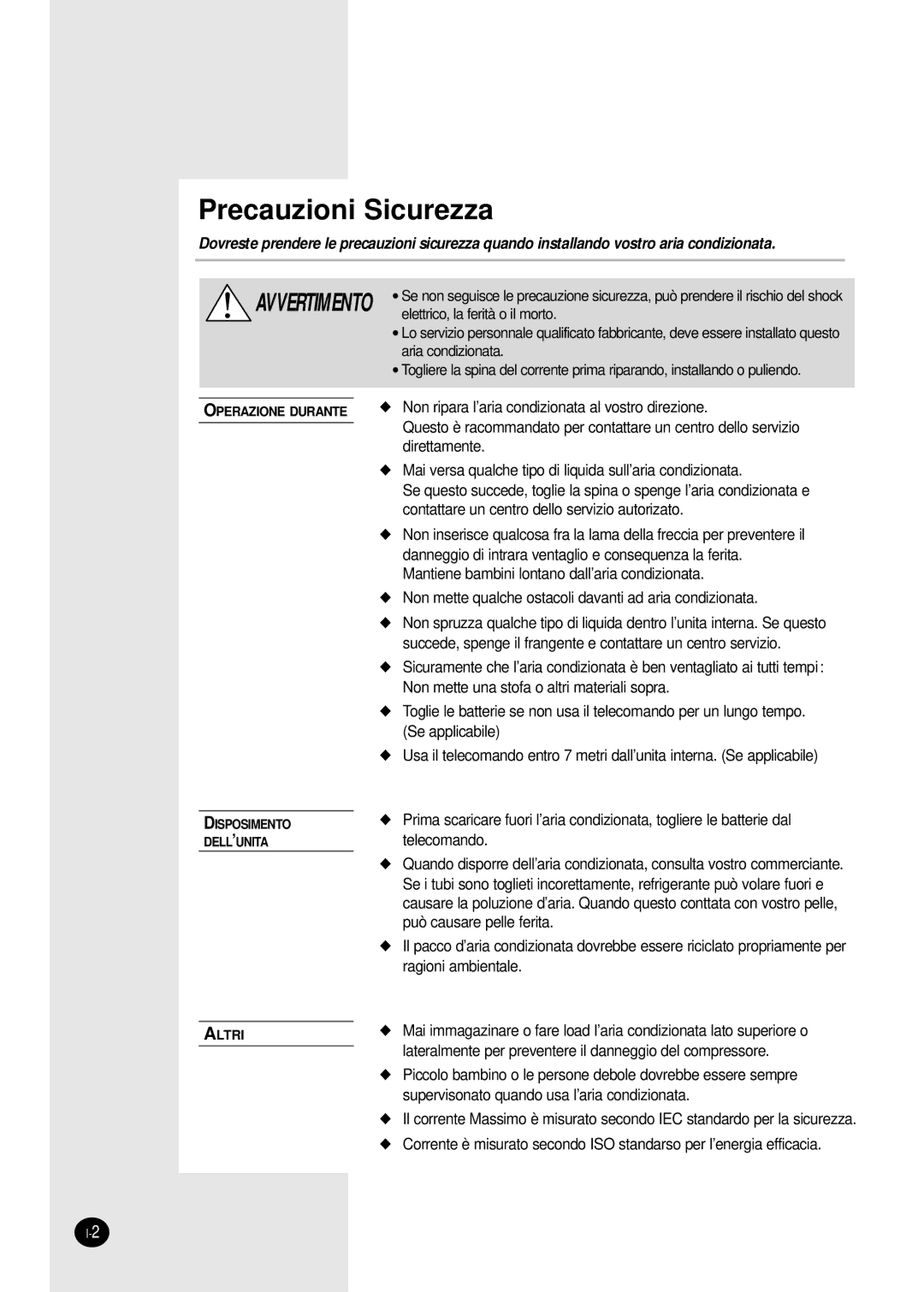 Samsung SC18AW6, SC24AW6 manual Precauzioni Sicurezza 