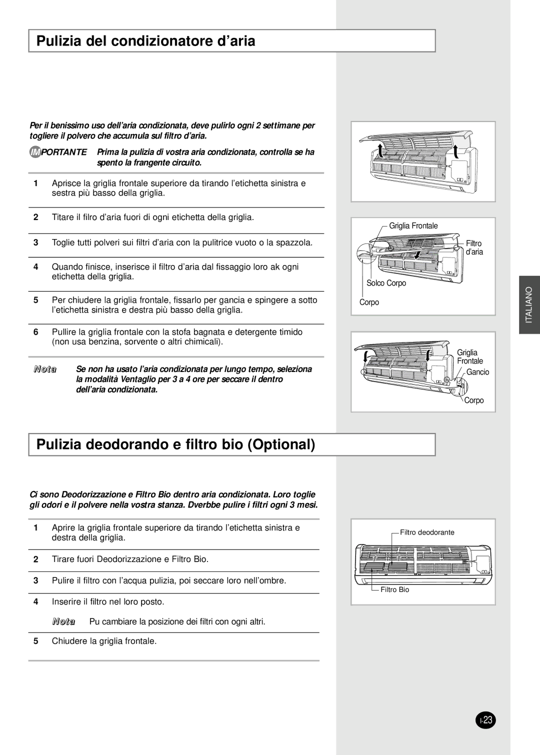 Samsung SC24AW6, SC18AW6 manual Pulizia del condizionatore d’aria, Pulizia deodorando e filtro bio Optional 