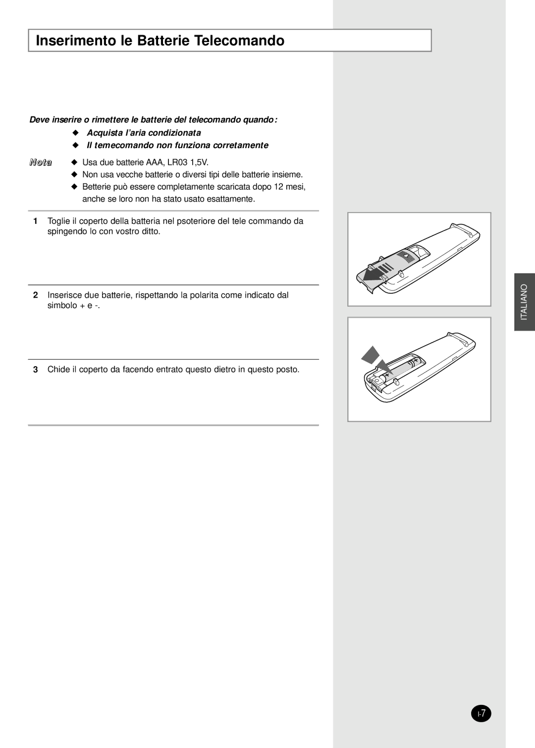 Samsung SC24AW6, SC18AW6 manual Inserimento le Batterie Telecomando 