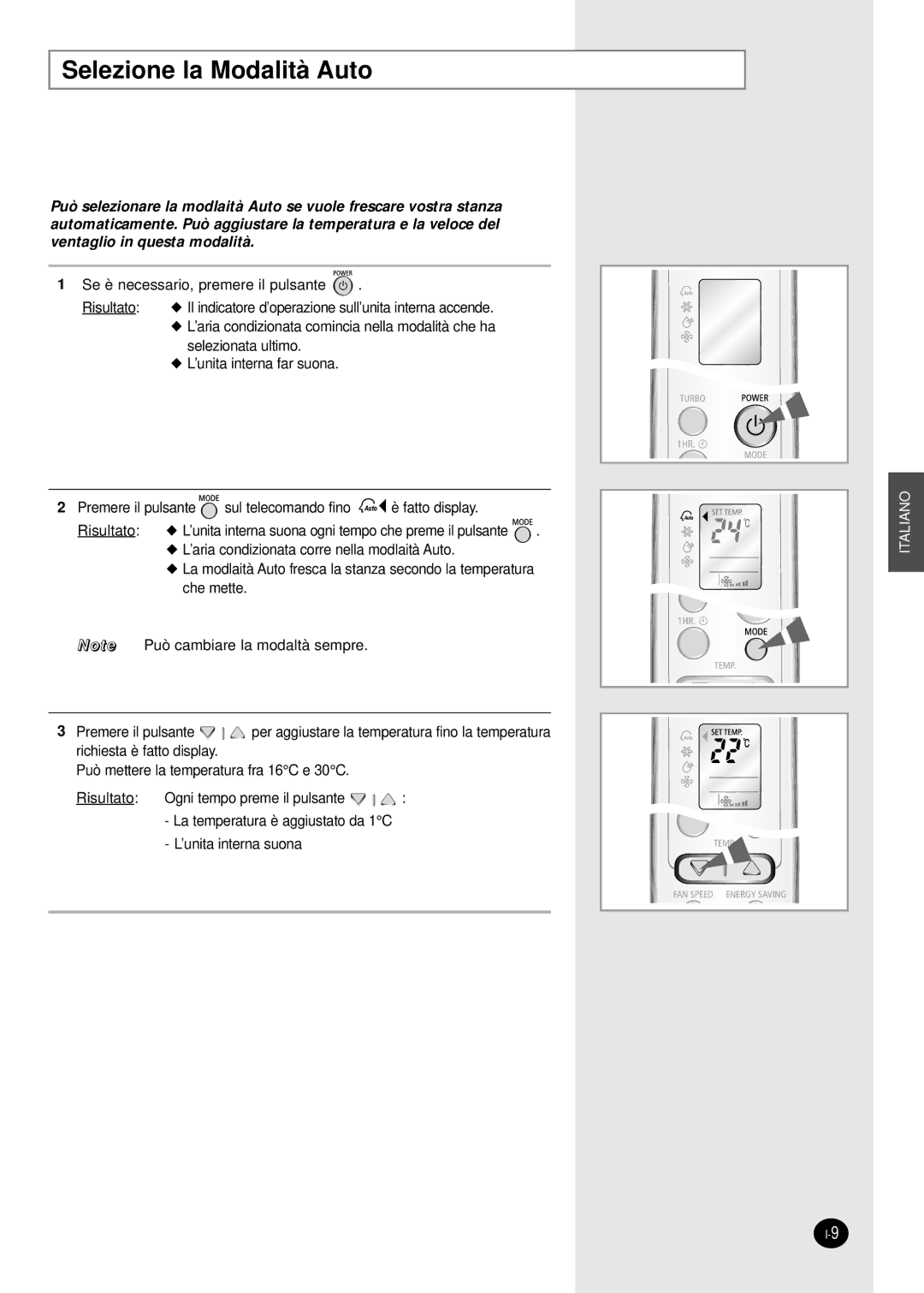 Samsung SC24AW6, SC18AW6 manual Selezione la Modalità Auto 