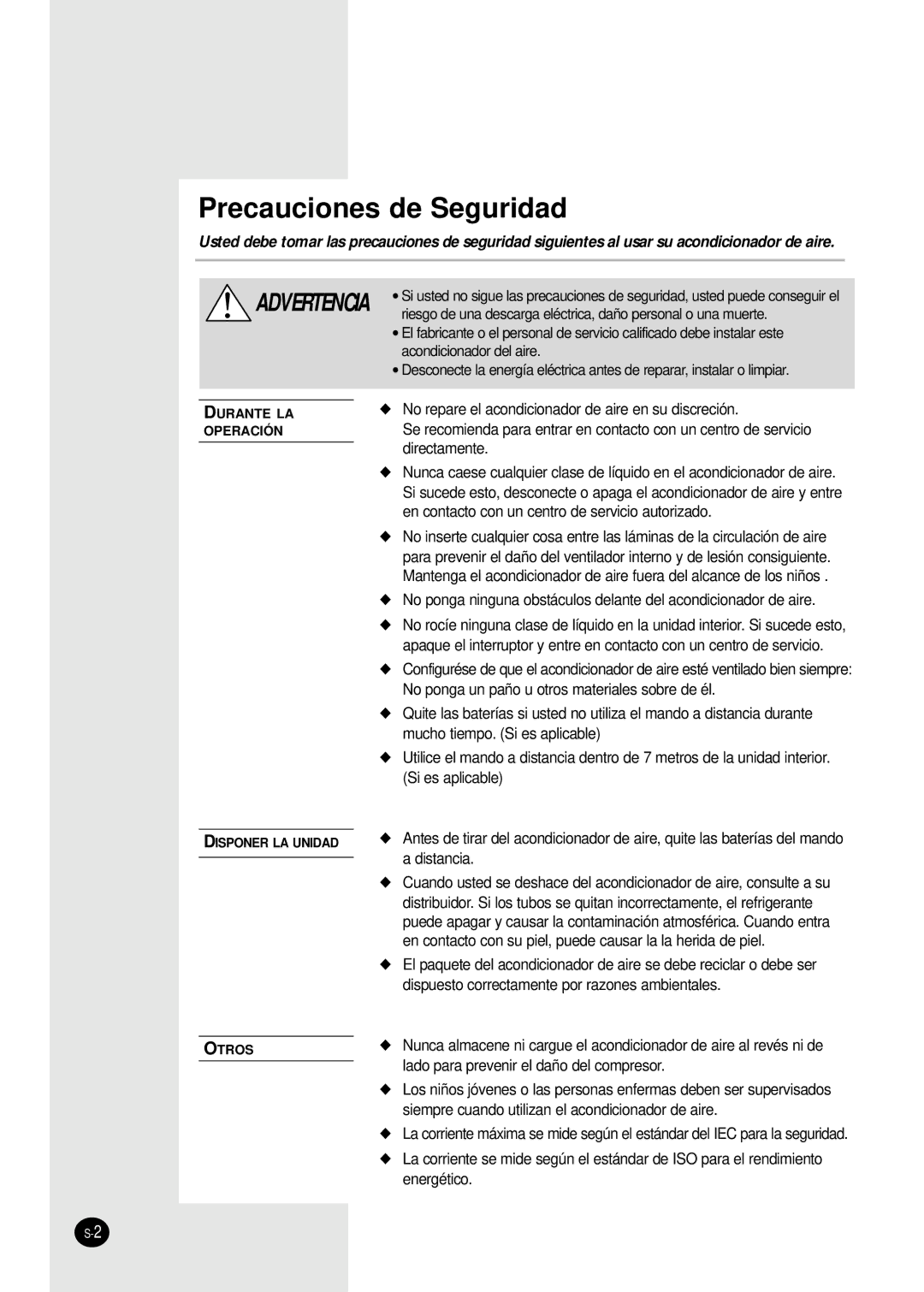 Samsung SC18AW6 manual Precauciones de Seguridad 