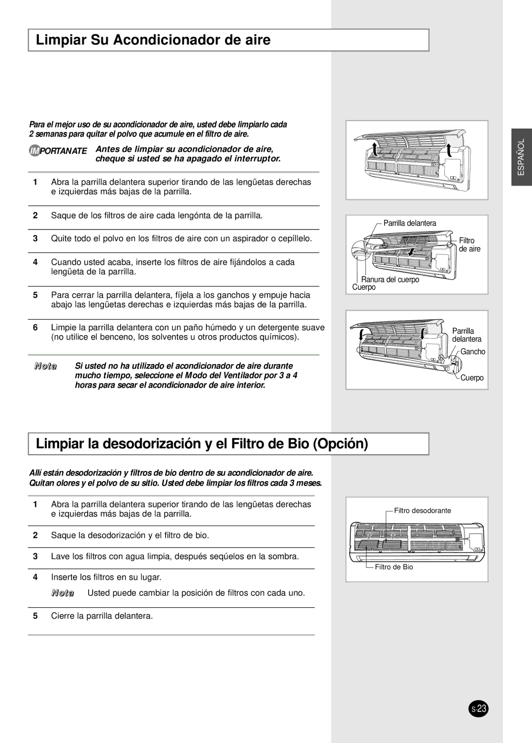 Samsung SC18AW6 manual Limpiar Su Acondicionador de aire, Limpiar la desodorización y el Filtro de Bio Opción 