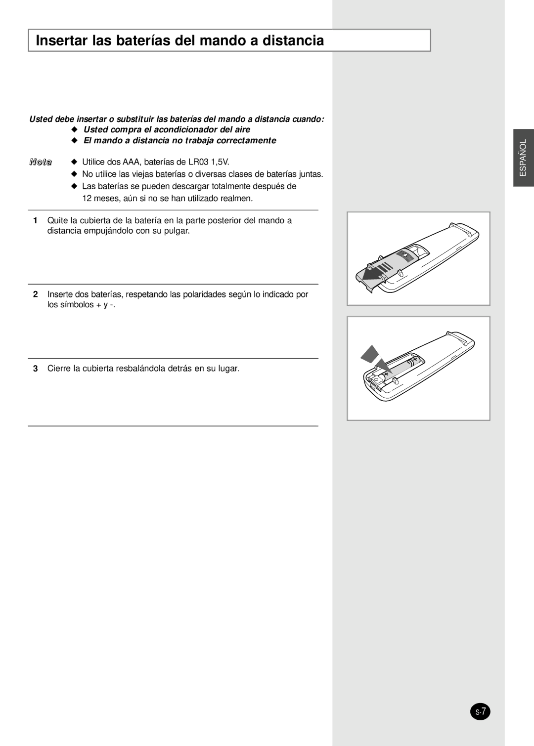 Samsung SC18AW6 manual Insertar las baterías del mando a distancia 