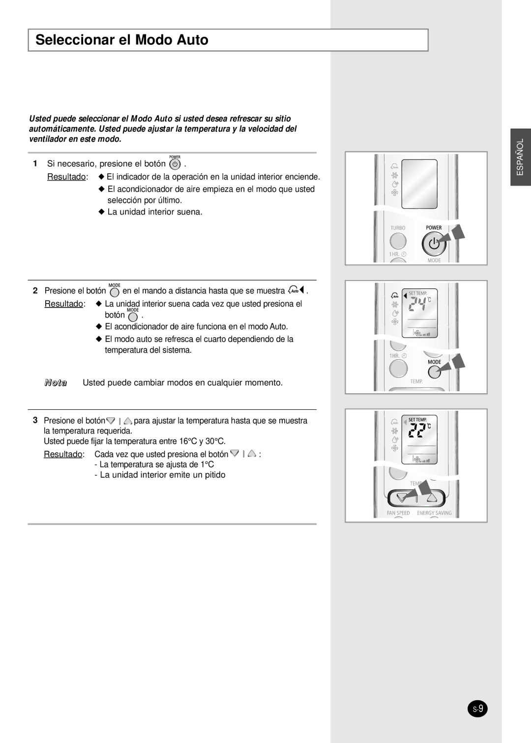 Samsung SC18AW6 manual Seleccionar el Modo Auto 