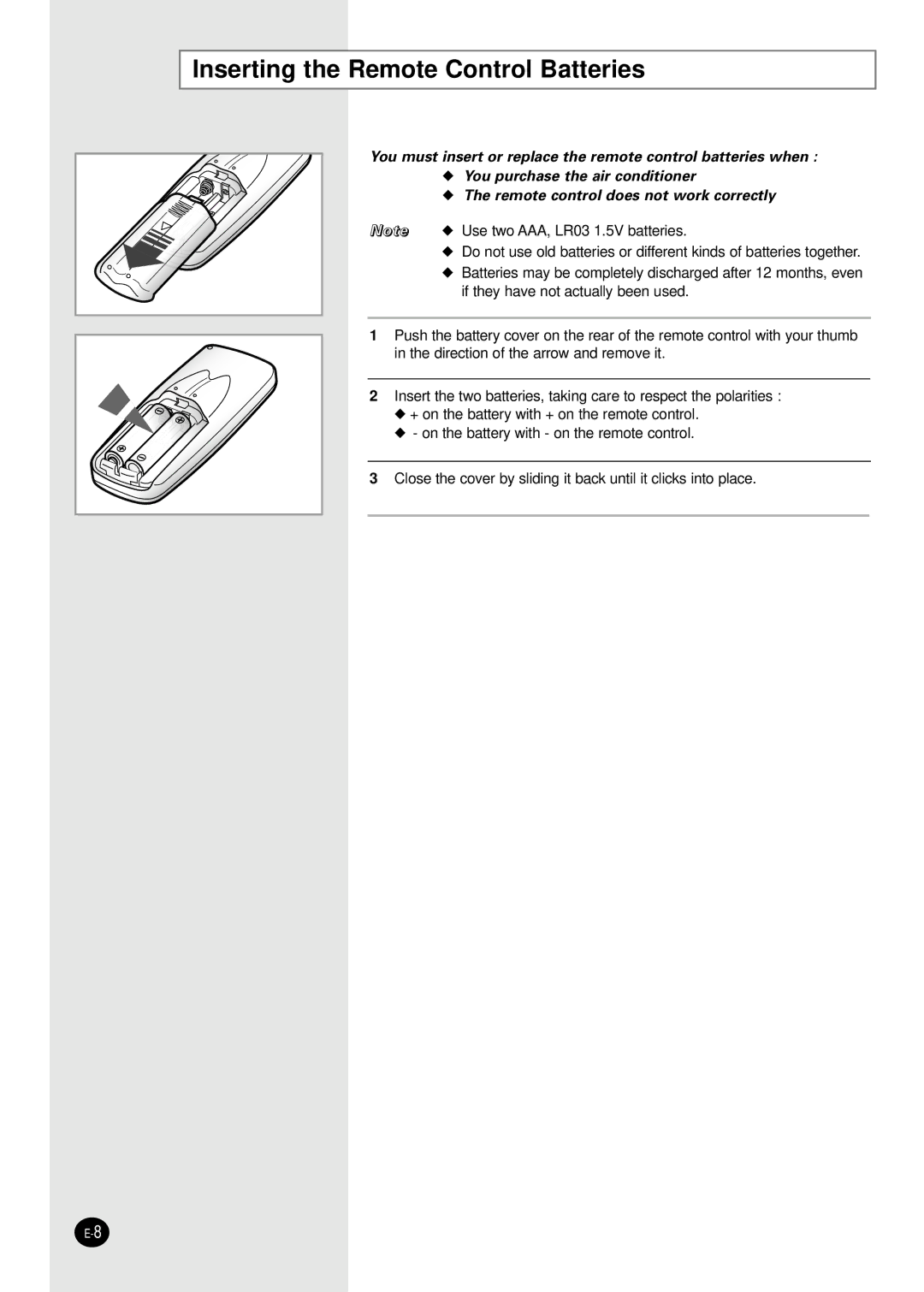 Samsung SC24AC6X manual Inserting the Remote Control Batteries 