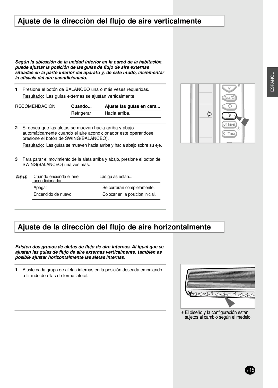 Samsung SC24AC6 manual Ajuste de la dirección del flujo de aire verticalmente 