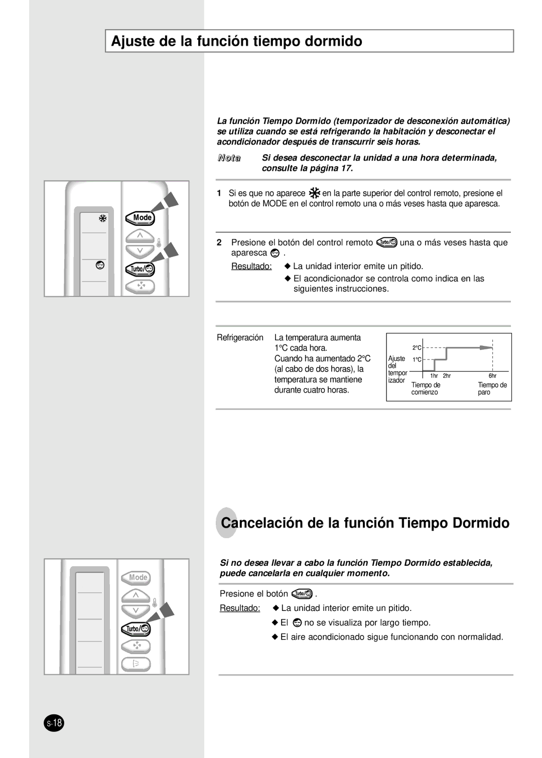 Samsung SC24AC6 manual Ajuste de la función tiempo dormido, Cancelación de la función Tiempo Dormido 