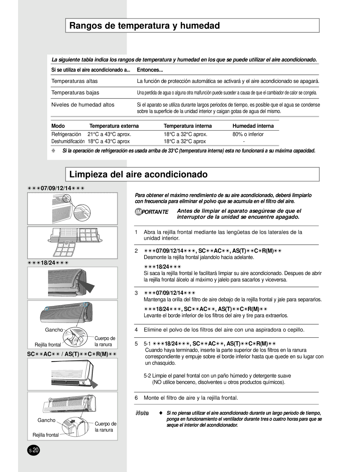 Samsung SC24AC6 manual Rangos de temperatura y humedad, Limpieza del aire acondicionado, Entonces 