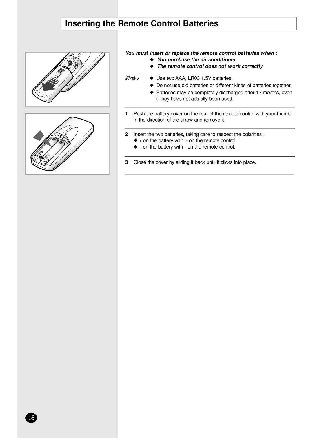 Samsung SC24AC6 manual Inserting the Remote Control Batteries 