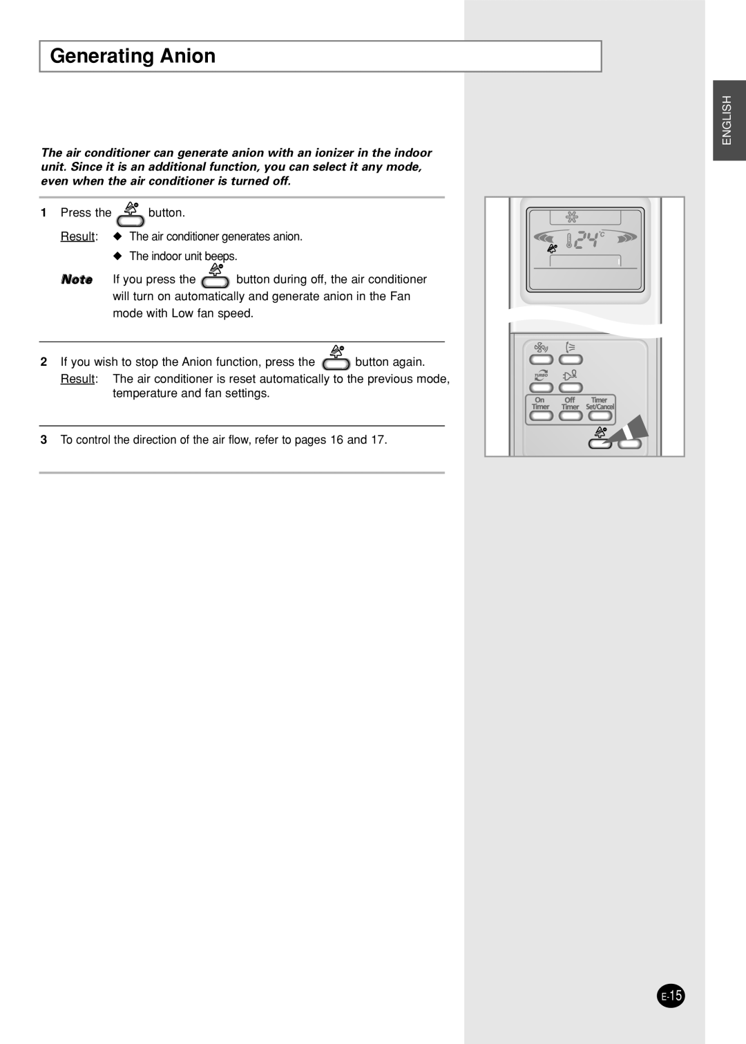 Samsung SC24AP6X, SC12APG manual Generating Anion 