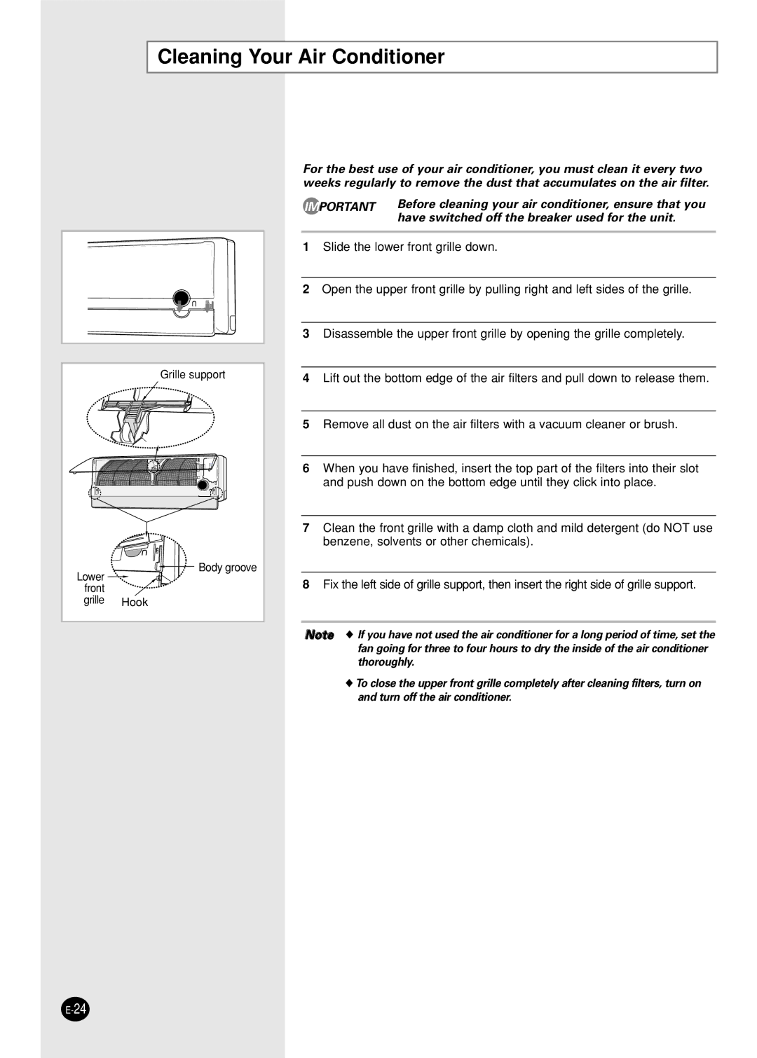 Samsung SC24AP6X, SC12APG manual Cleaning Your Air Conditioner 