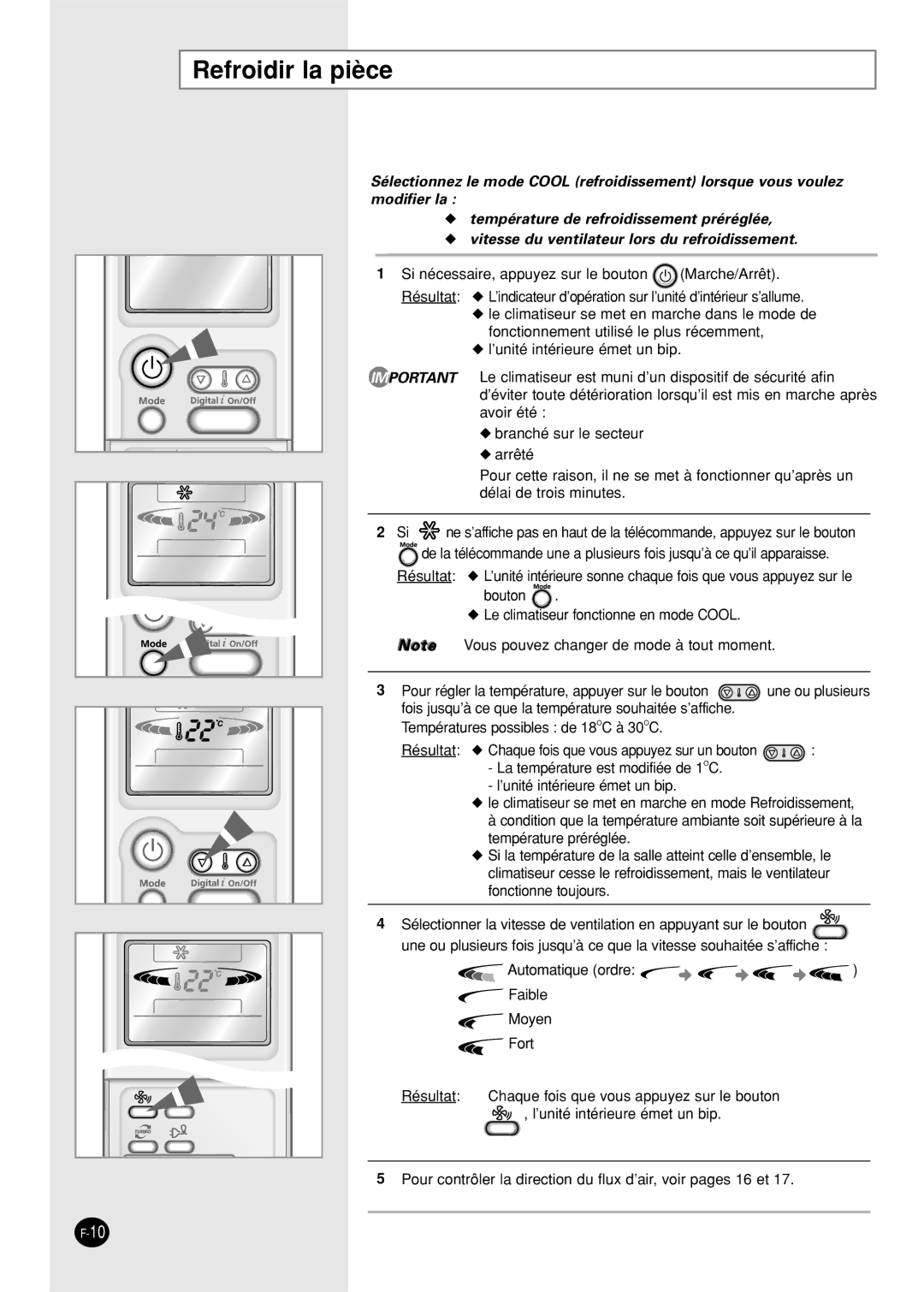 Samsung SC24AP6X manual Refroidir la pièce 