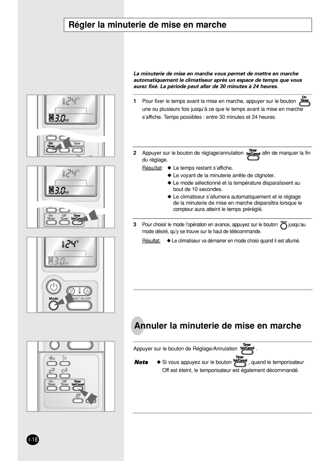 Samsung SC24AP6X manual Régler la minuterie de mise en marche, Annuler la minuterie de mise en marche 