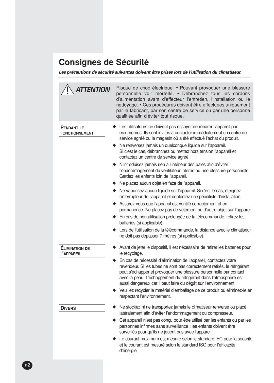 Samsung SC24AP6X manual Consignes de Sécurité 