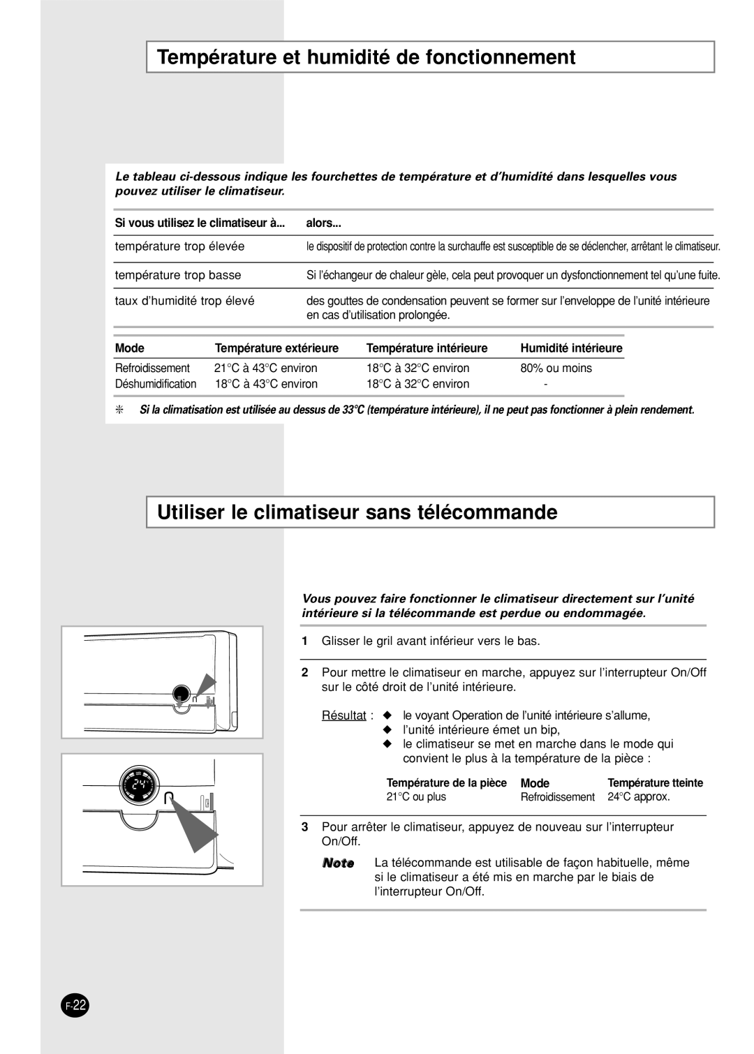 Samsung SC24AP6X manual Température et humidité de fonctionnement, Utiliser le climatiseur sans télécommande 