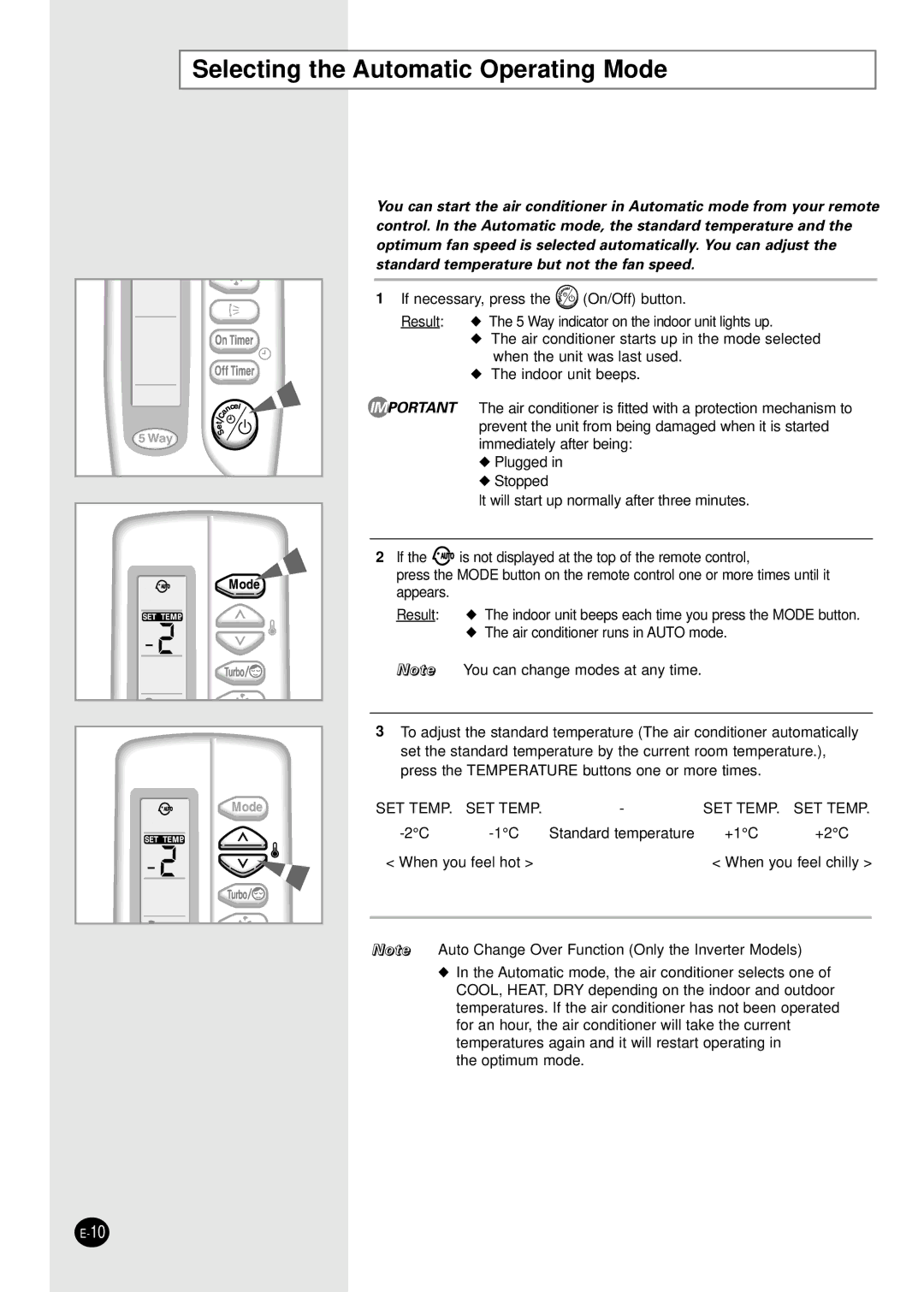 Samsung SC24TA6D manual Selecting the Automatic Operating Mode, SET Temp 