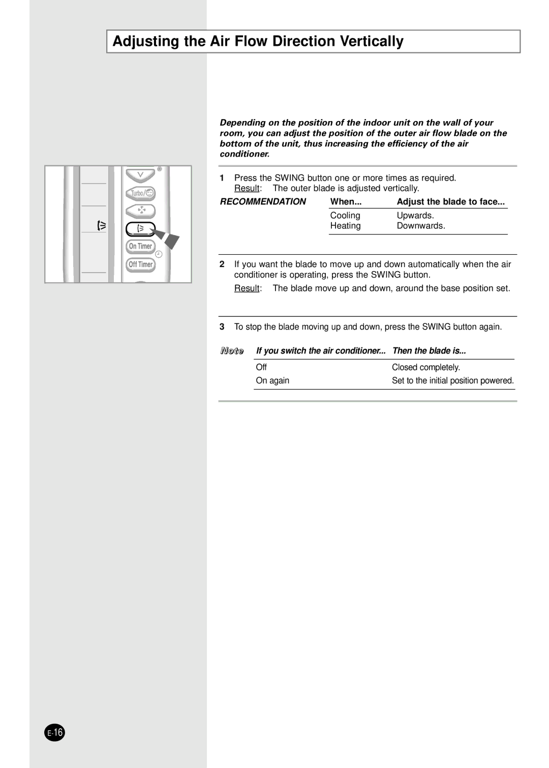 Samsung SC24TA6D manual Adjusting the Air Flow Direction Vertically, When Adjust the blade to face 