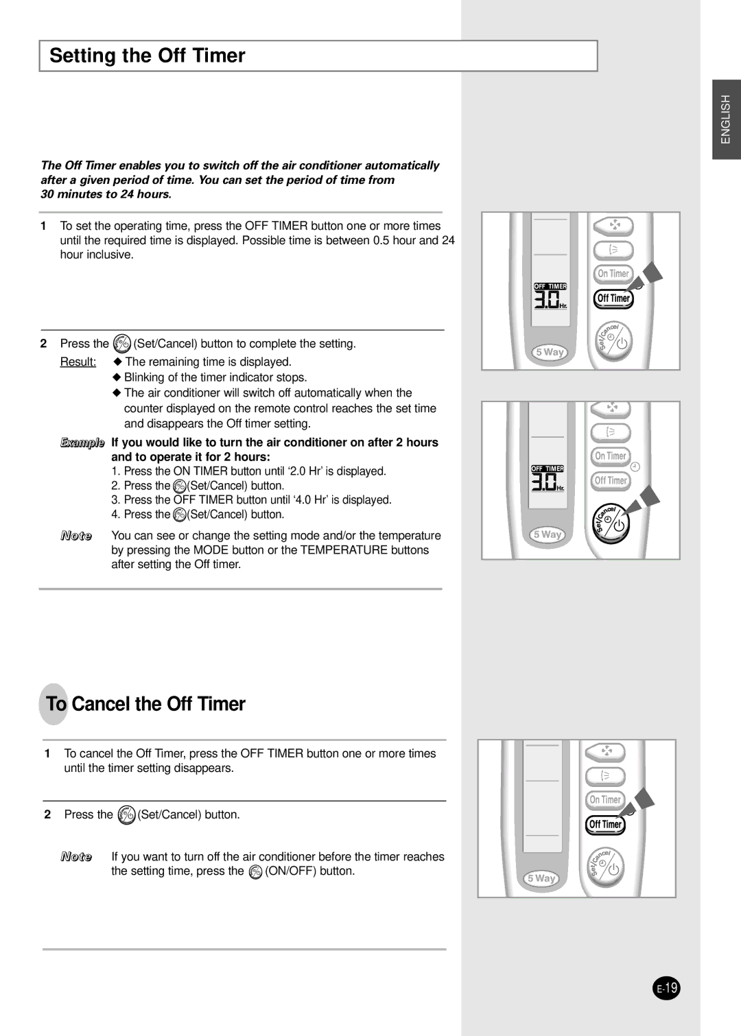 Samsung SC24TA6D manual Setting the Off Timer, To Cancel the Off Timer 