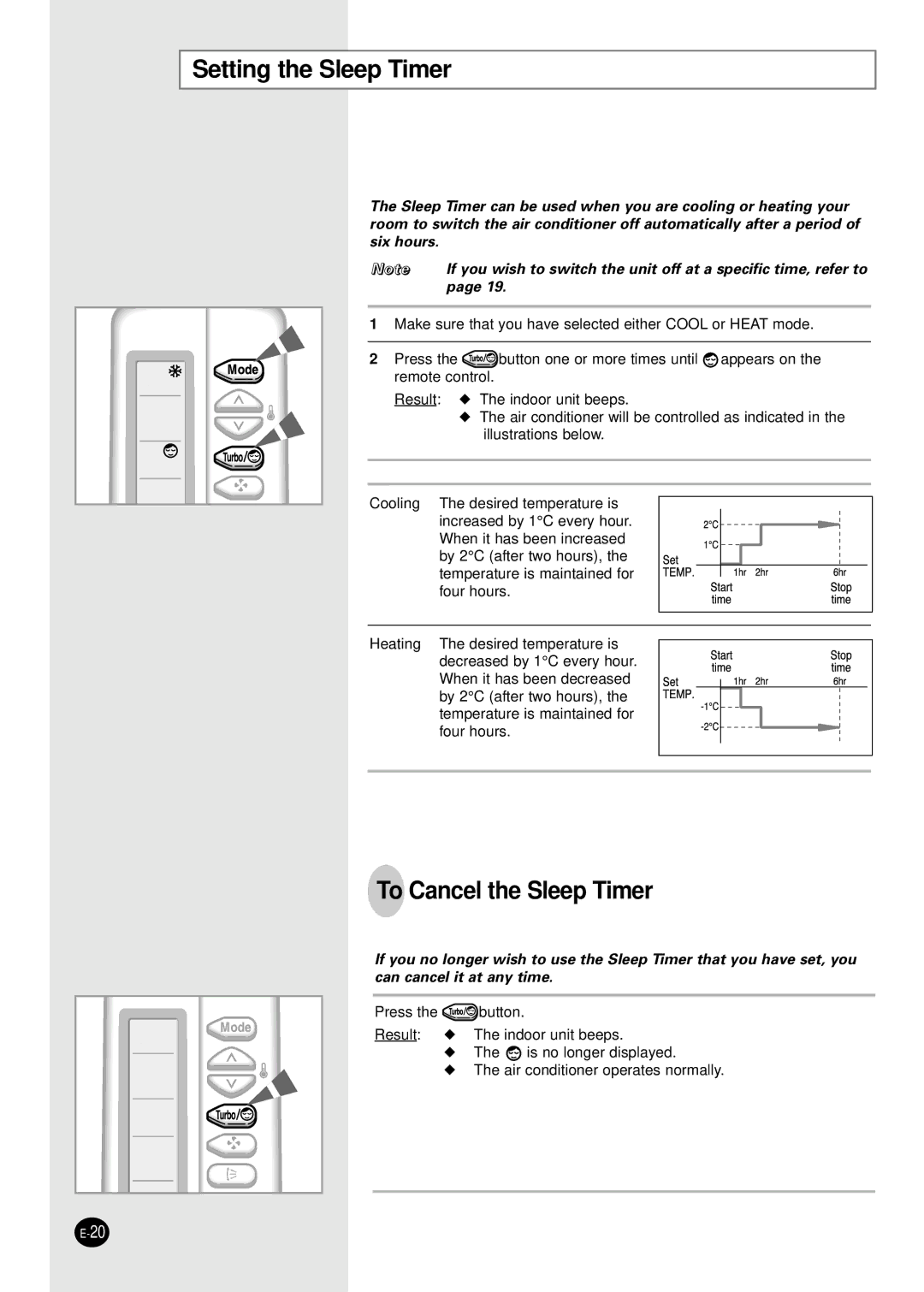 Samsung SC24TA6D manual Setting the Sleep Timer, To Cancel the Sleep Timer 