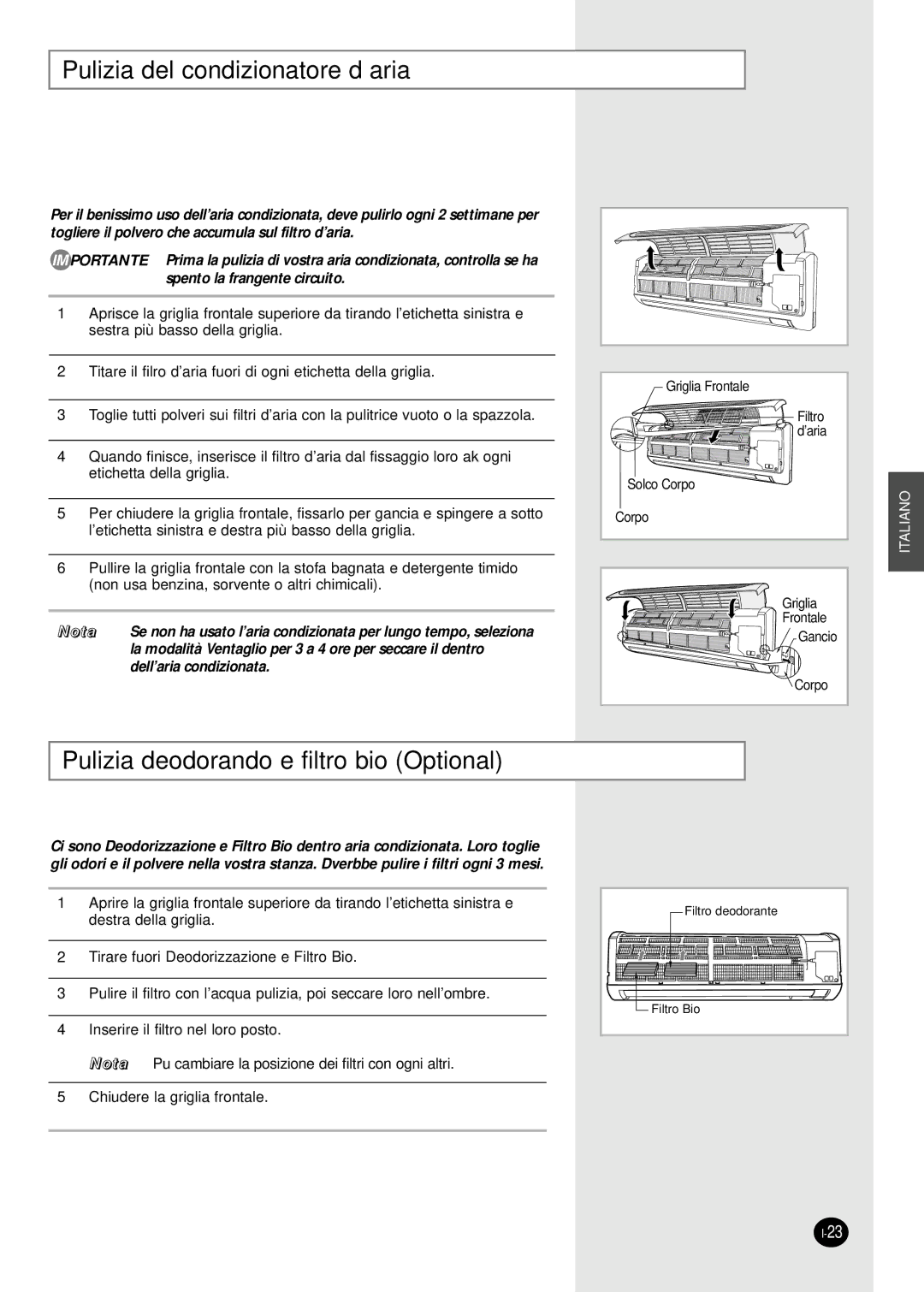 Samsung SC24ZW6X, SC18ZWJ manual Pulizia del condizionatore d’aria, Pulizia deodorando e filtro bio Optional 