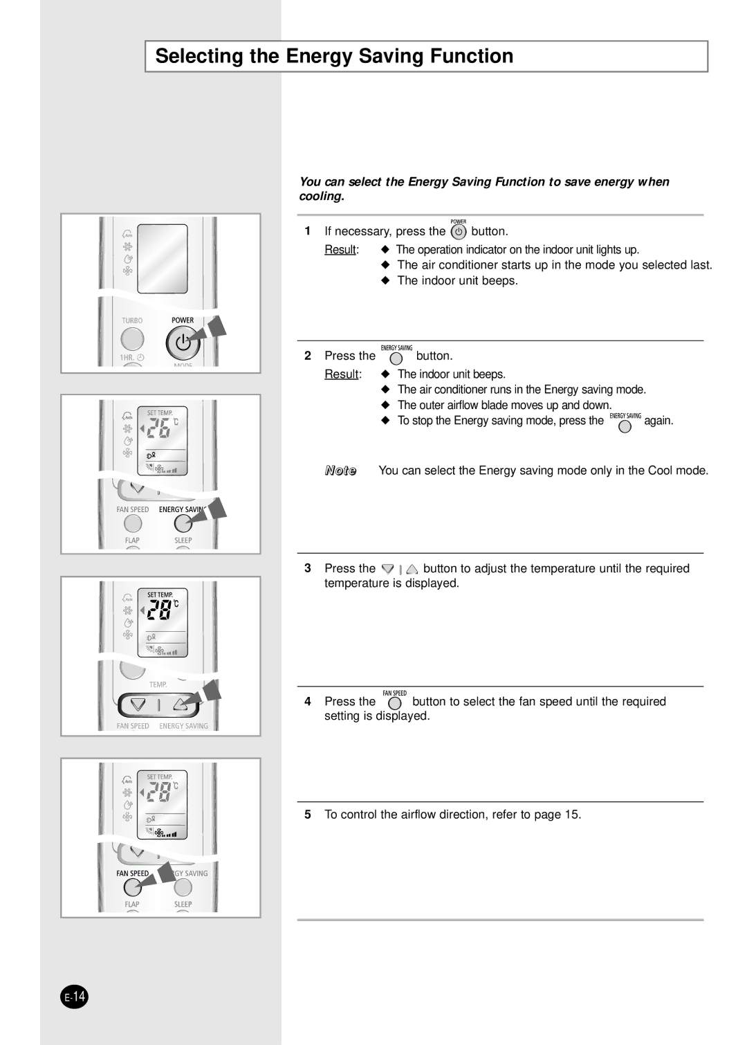 Samsung SC24ZW6X, SC18ZWJ manual Selecting the Energy Saving Function 