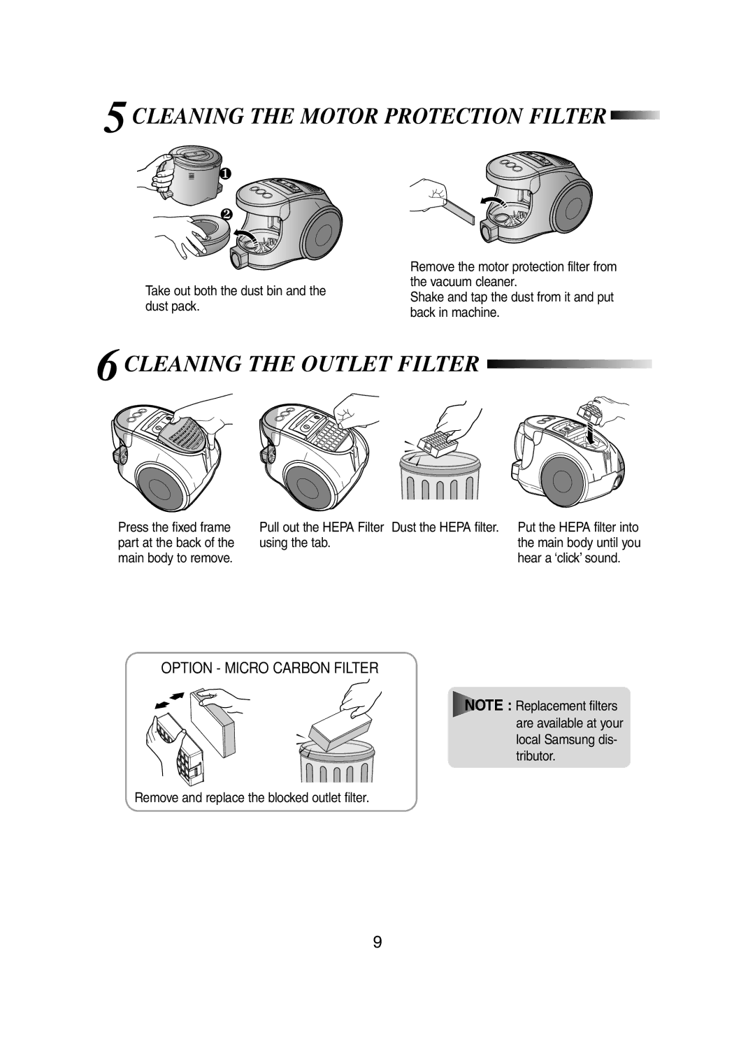 Samsung SC8431 operating instructions 5CLEANING the Motor Protection Filter, 6CLEANING the Outlet Filter 