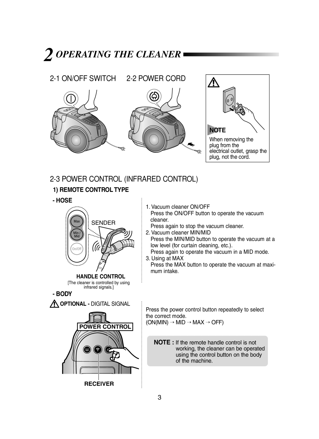 Samsung SC8431 operating instructions 2OPERATING the Cleaner, ON/OFF Switch 2-2 Power Cord, Power Control Infrared Control 