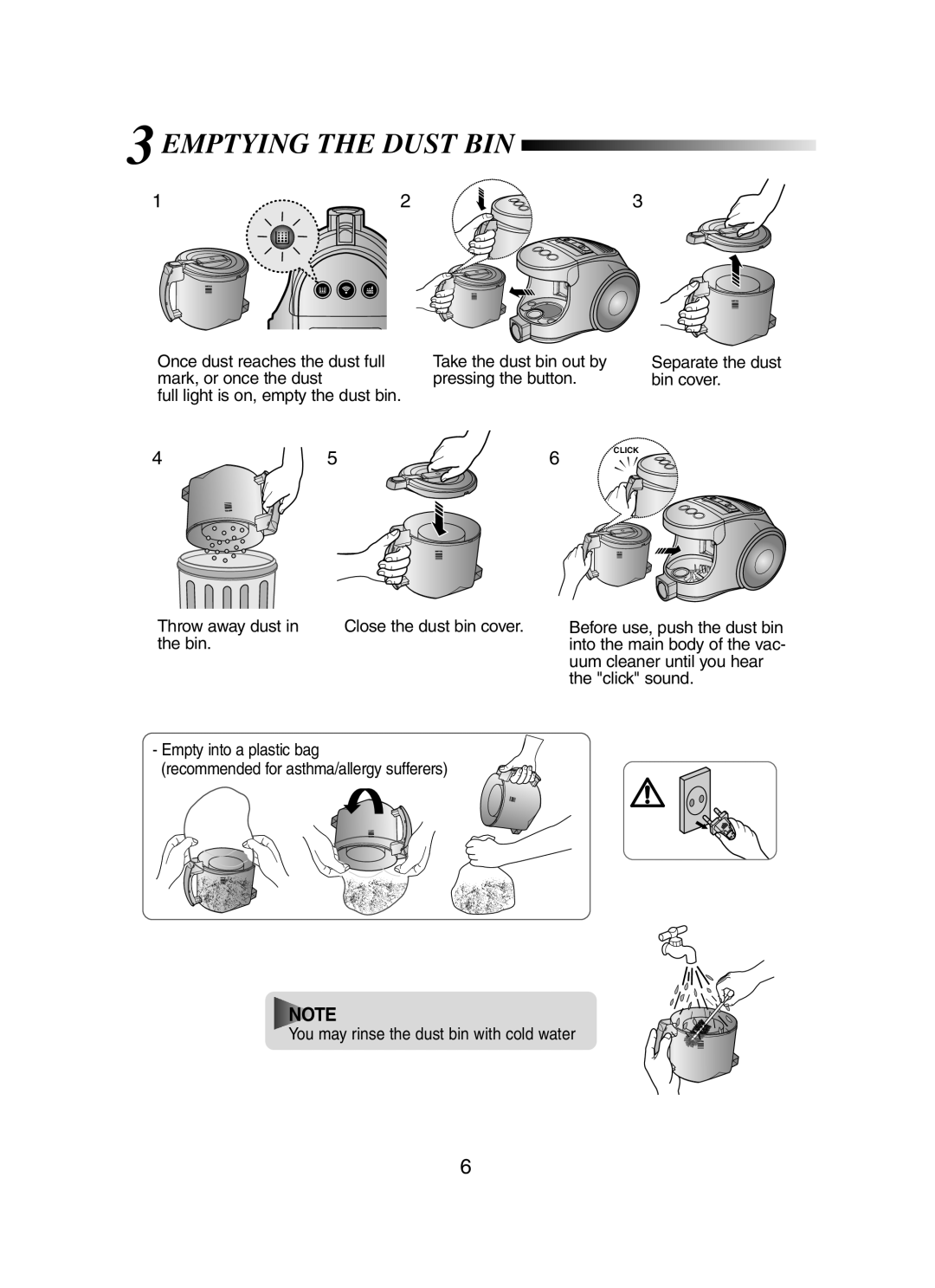 Samsung SC8431 operating instructions 3EMPTYING the Dust BIN 