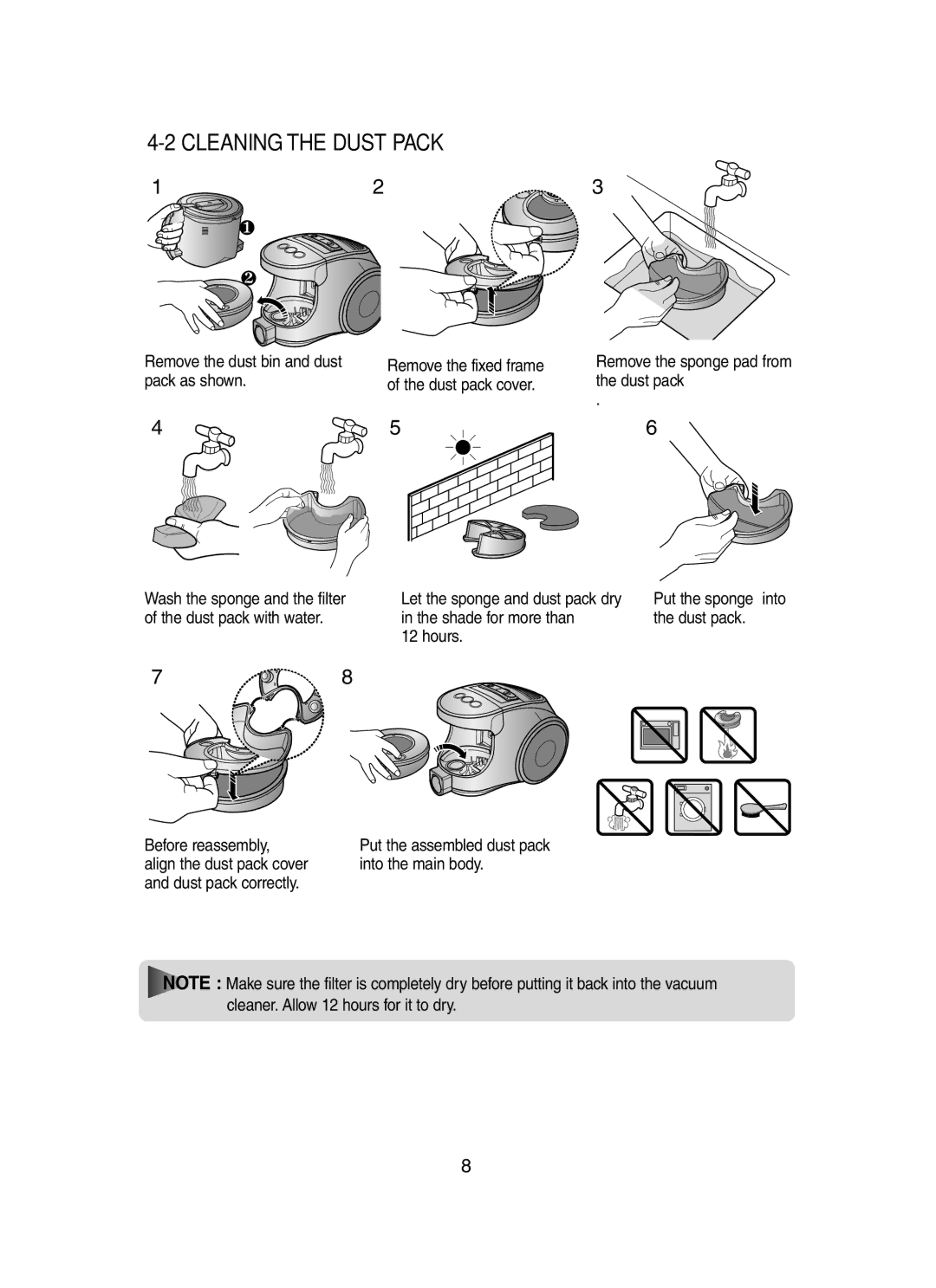 Samsung SC8431 operating instructions Cleaning the Dust Pack, Remove the sponge pad from the dust pack 