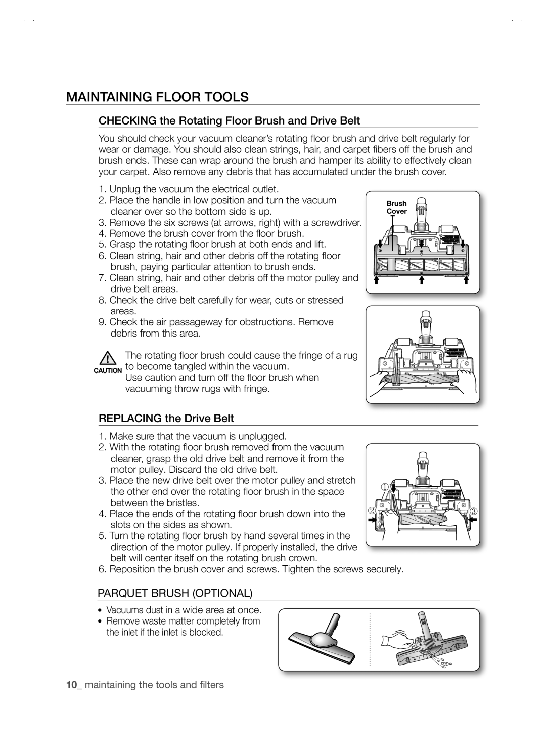 Samsung SC88P user manual Maintaining Floor Tools, Parquet Brush Optional, Vacuums dust in a wide area at once 