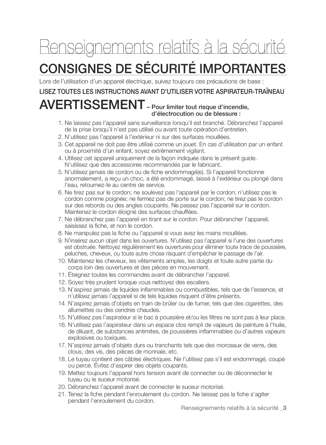 Samsung SC88P user manual Consignes DE Sécurité Importantes 