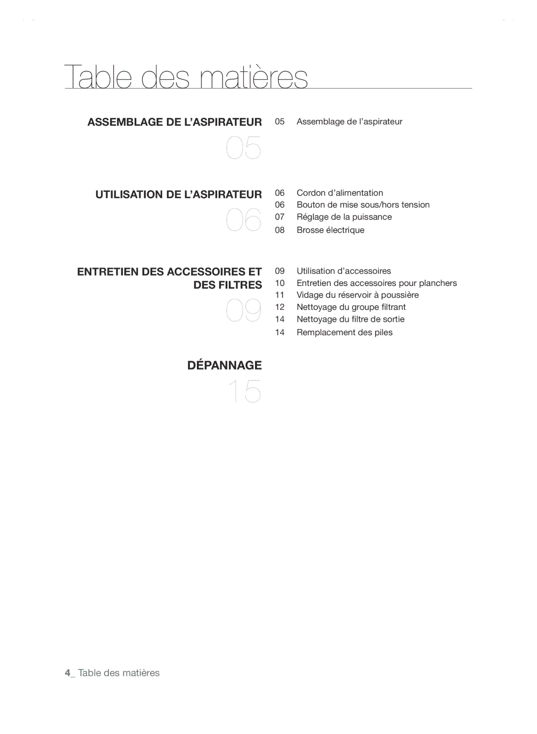 Samsung SC88P user manual Table des matières, Utilisation de l’aspirateur 