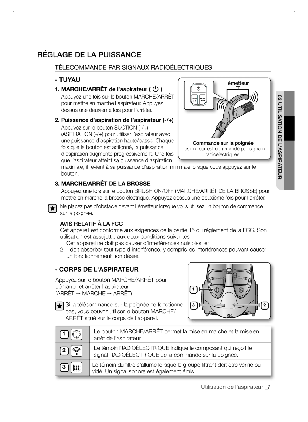 Samsung SC88P user manual Réglage de la puissance, Télécommande PAR Signaux Radioélectriques, Tuyau, Corps DE Laspirateur 