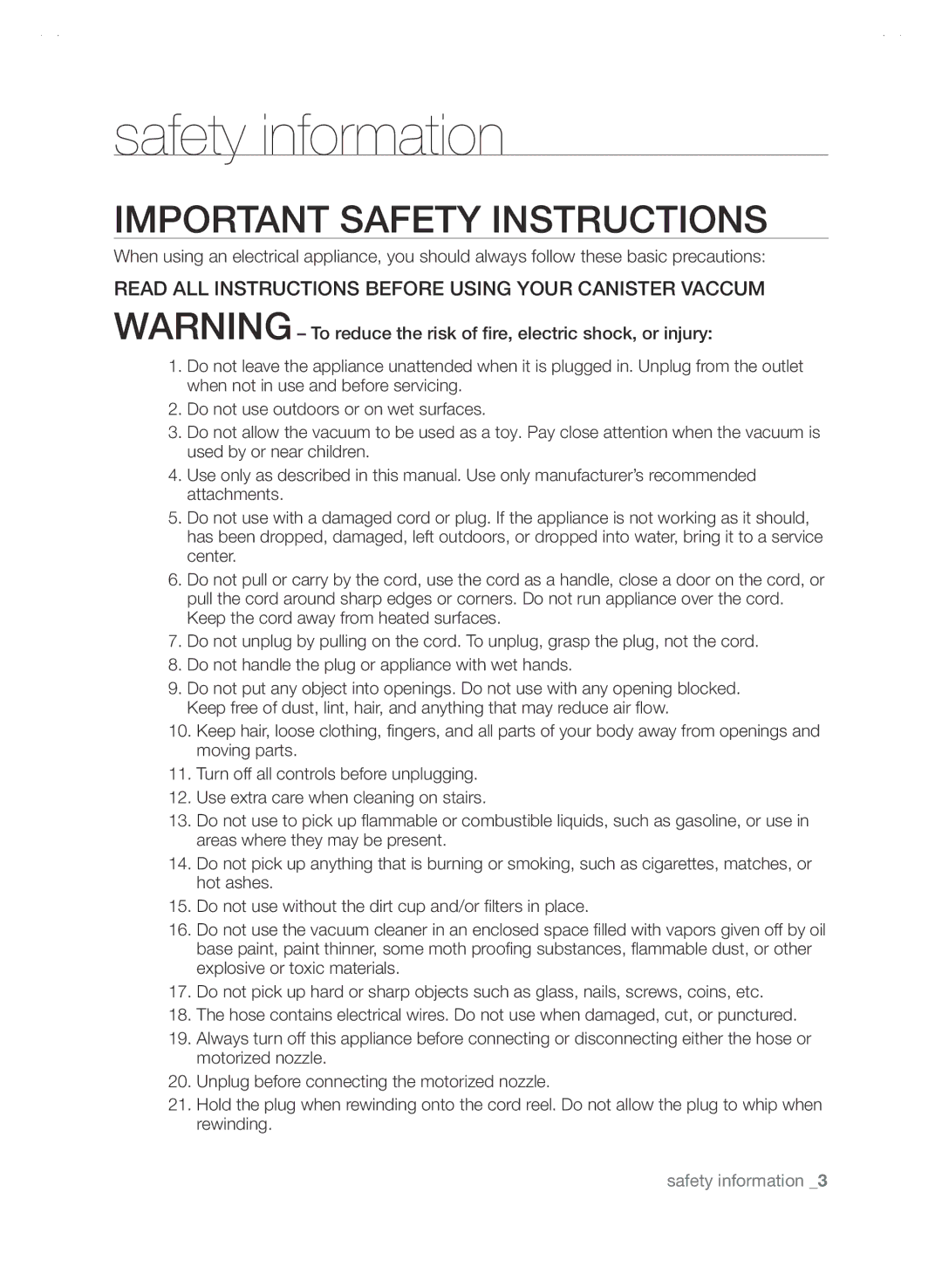 Samsung SC88P user manual Important Safety Instructions, Read ALL Instructions Before Using Your Canister Vaccum 