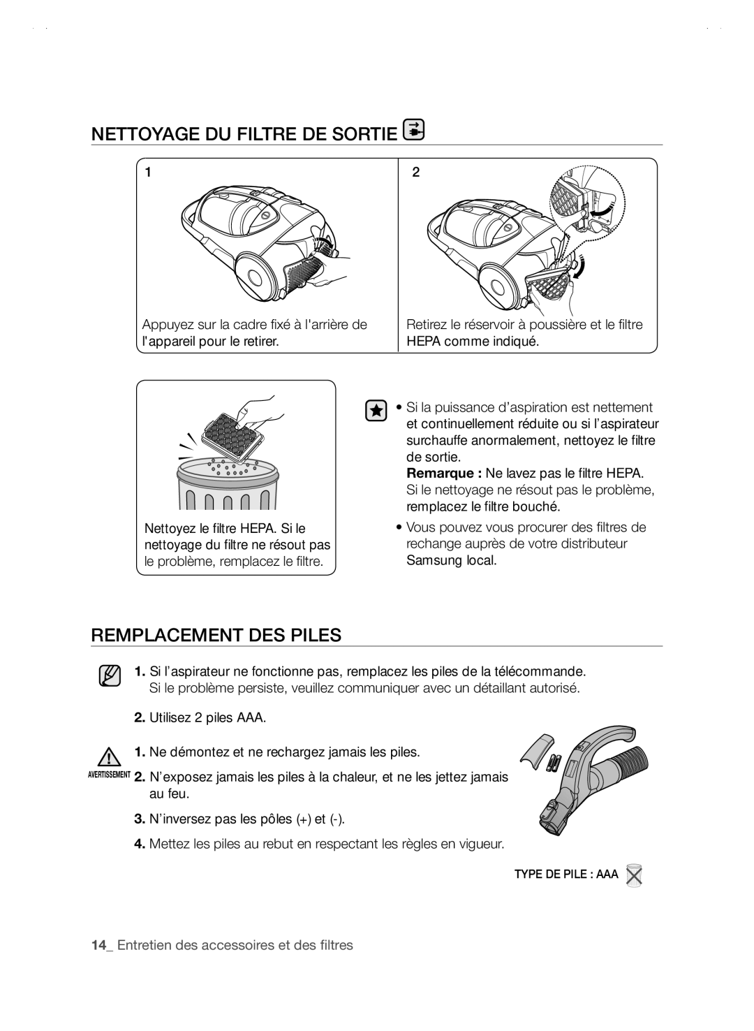 Samsung SC88P user manual Nettoyage DU Filtre DE Sortie, Remplacement des piles, Samsung local 