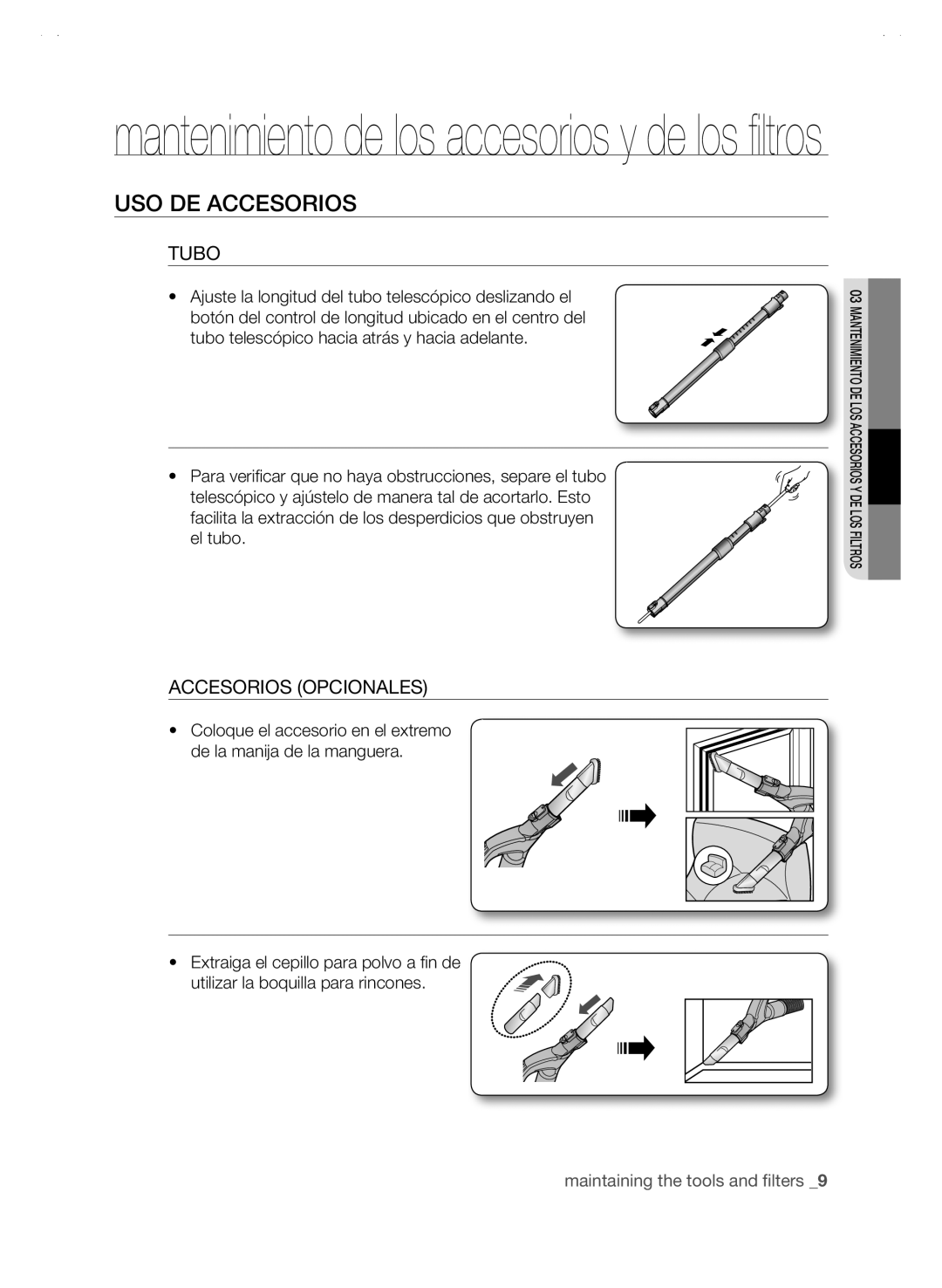 Samsung SC88P user manual USO DE Accesorios, Tubo, Accesorios Opcionales 