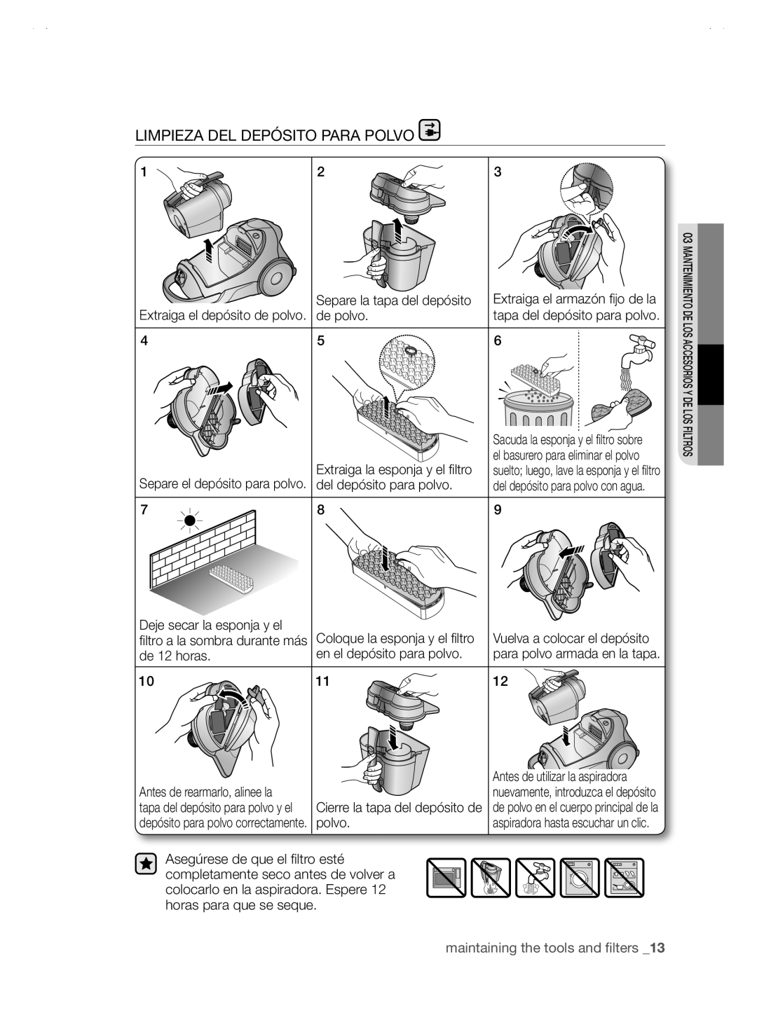 Samsung SC88P user manual Limpieza DEL Depósito Para Polvo, Del depósito para polvo, Deje secar la esponja y el 